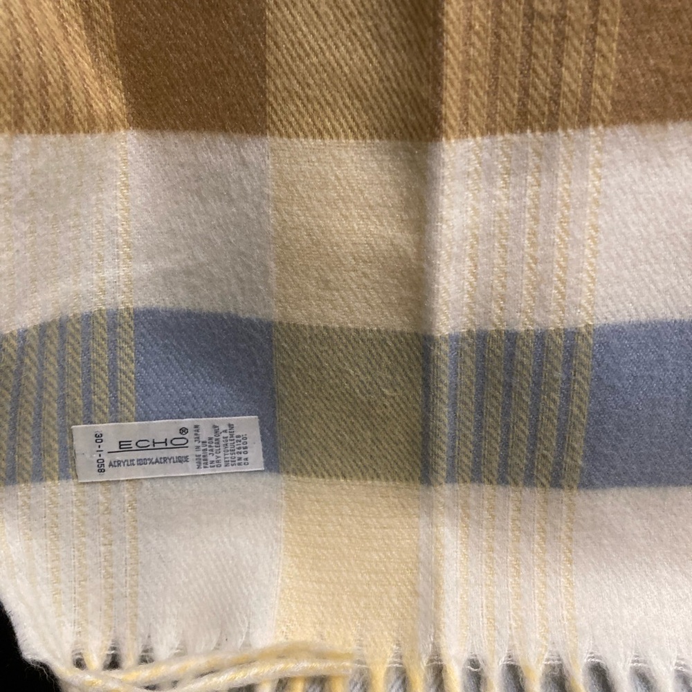 Echo Plaid Fringe Scarf in Cream, Blue & Camel